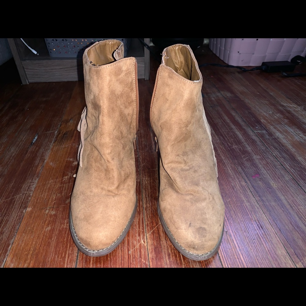 Tan fringe booties